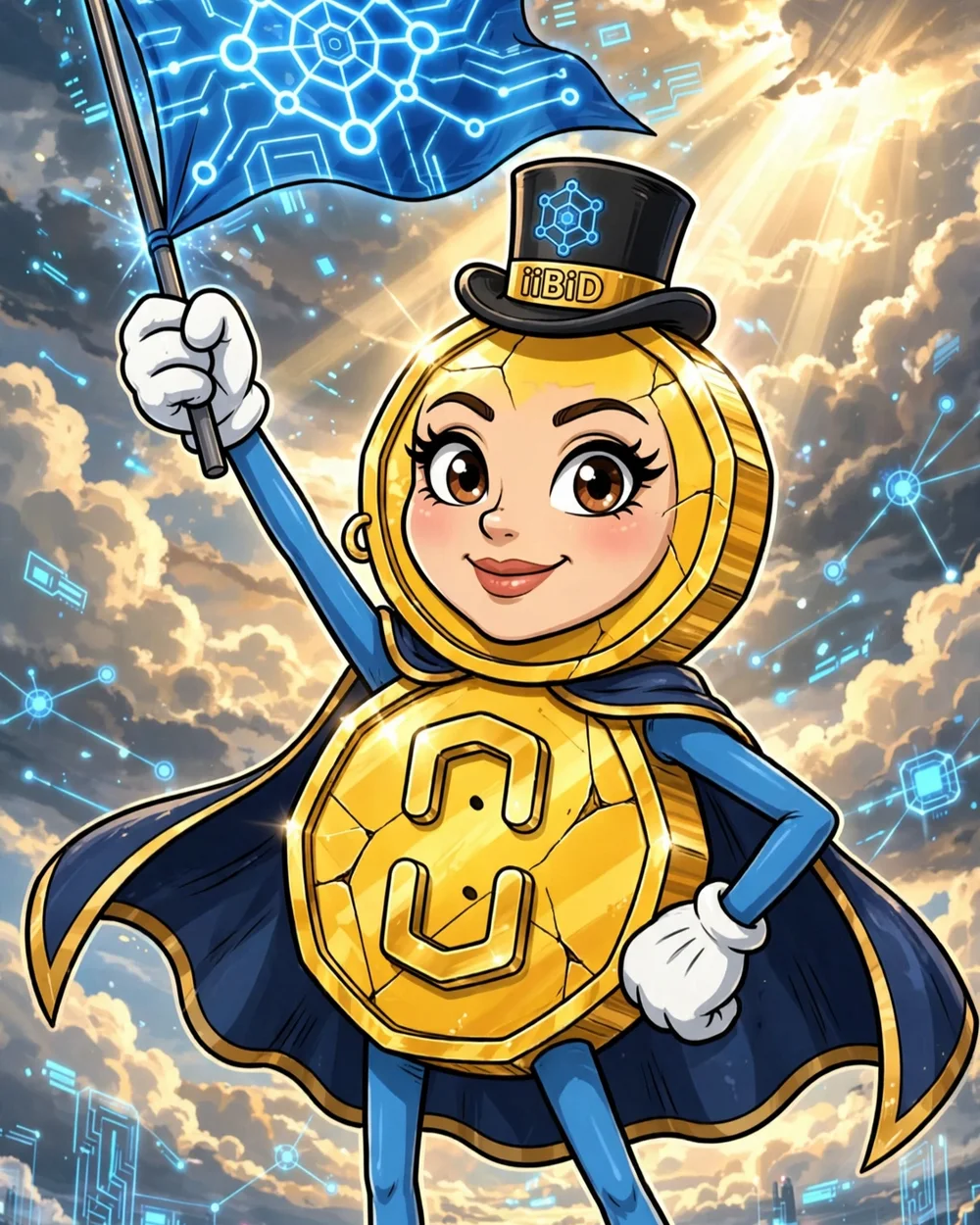 iiBiD Prime — iiBiD in a top hat and cape, waving a glowing blue network flag above a digital city