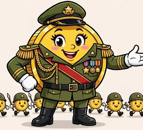 The General — iiBiD in a green general's uniform, leading her coin troops